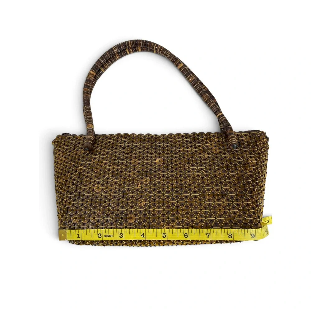 Y2K Handmade Coconut Shell Beaded Boho Handbag Artisan Crafted Brown Tote Purse